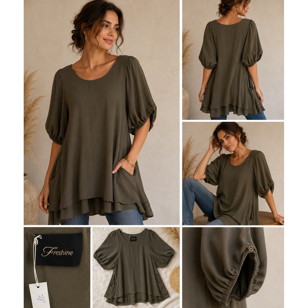 Freshine Olive Green Puff Sleeve Babydoll Tunic Top Tiered Ruffle Oversized SZ S